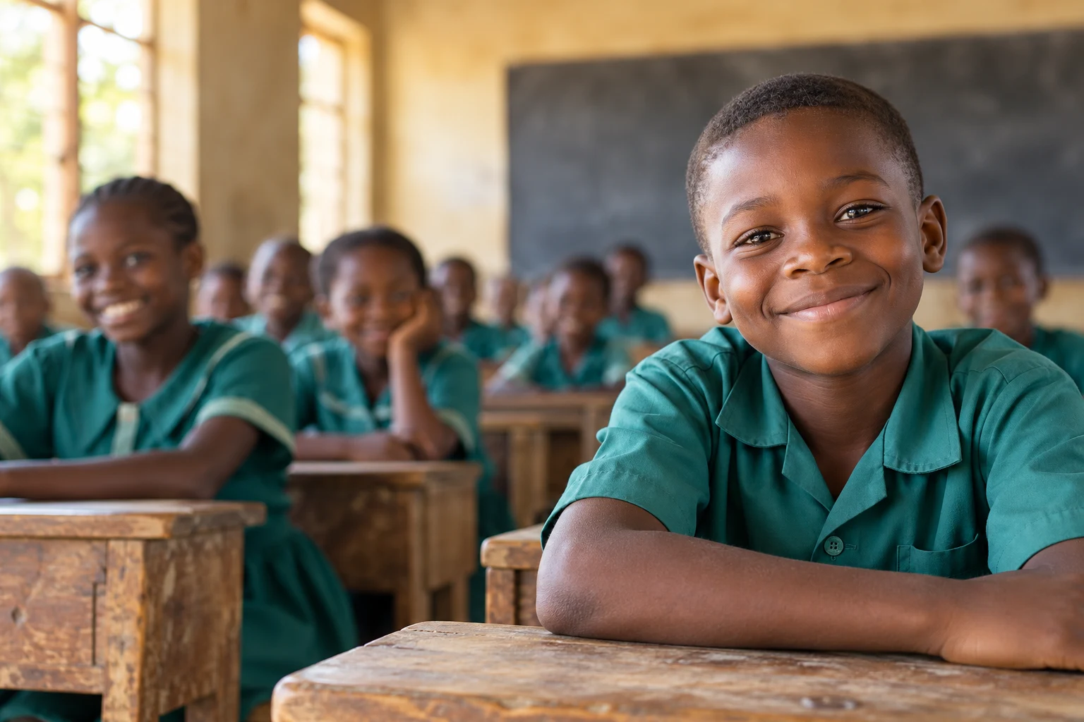 AI-generated illustrative scene of smiling Nigerian children in a classroom