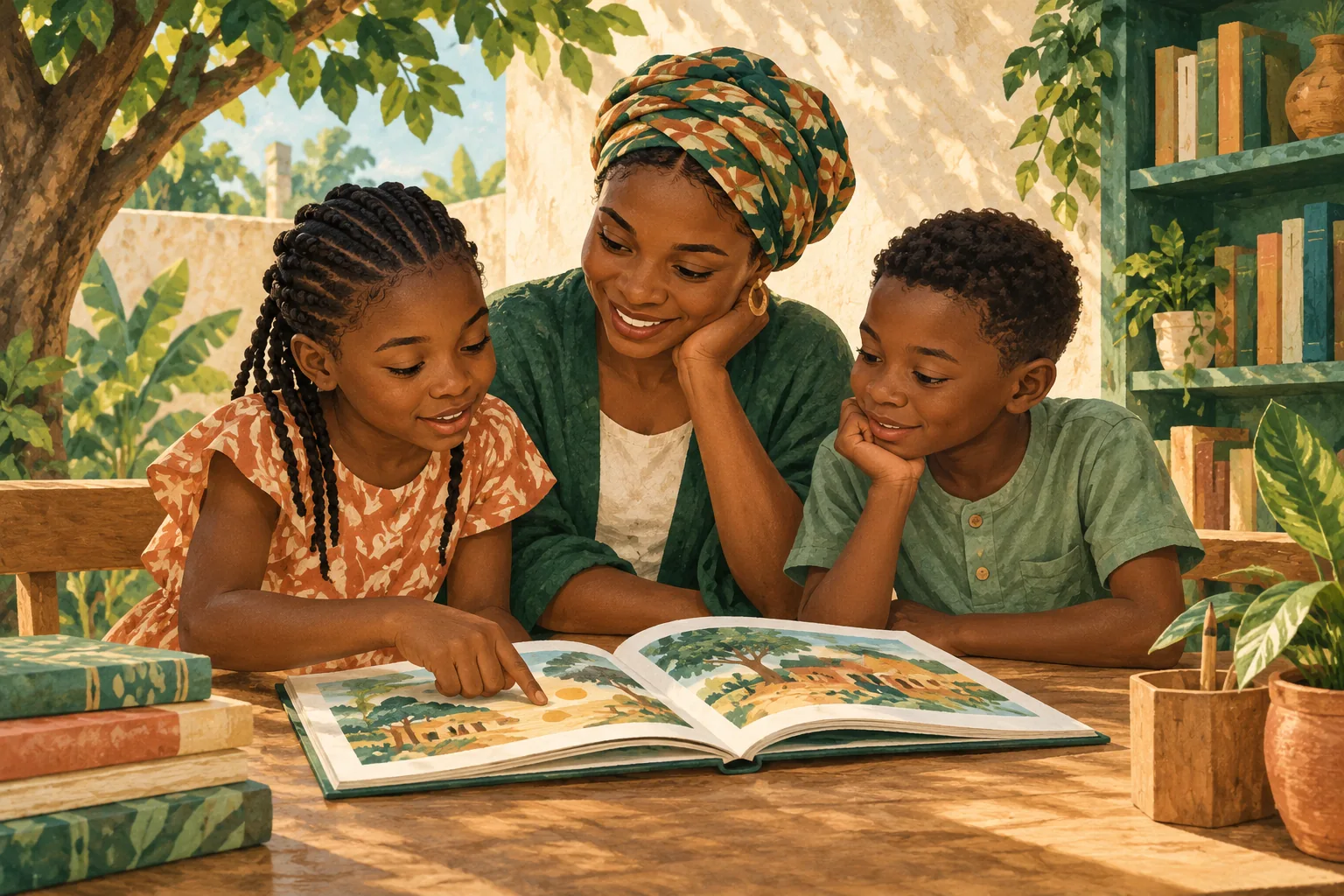 AI-generated illustration of a woman and two children exploring a picture book together
