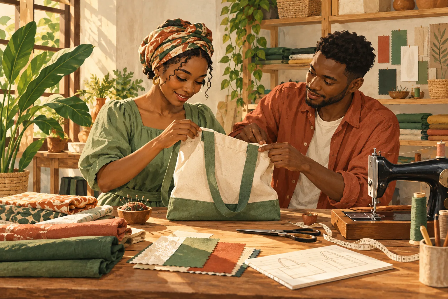 AI-generated illustration of two adults developing a cloth bag in a creative workshop